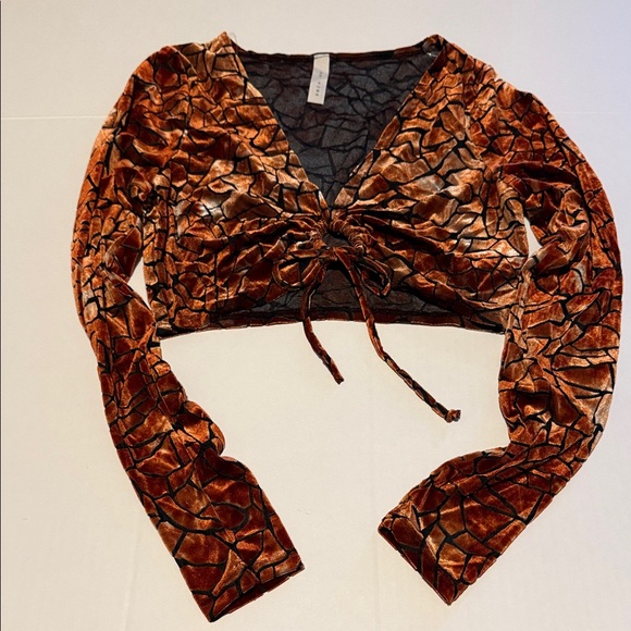 Velvet Drawstring Cropped Long Sleeve Top - Copper Brown - Picture 9 of 9